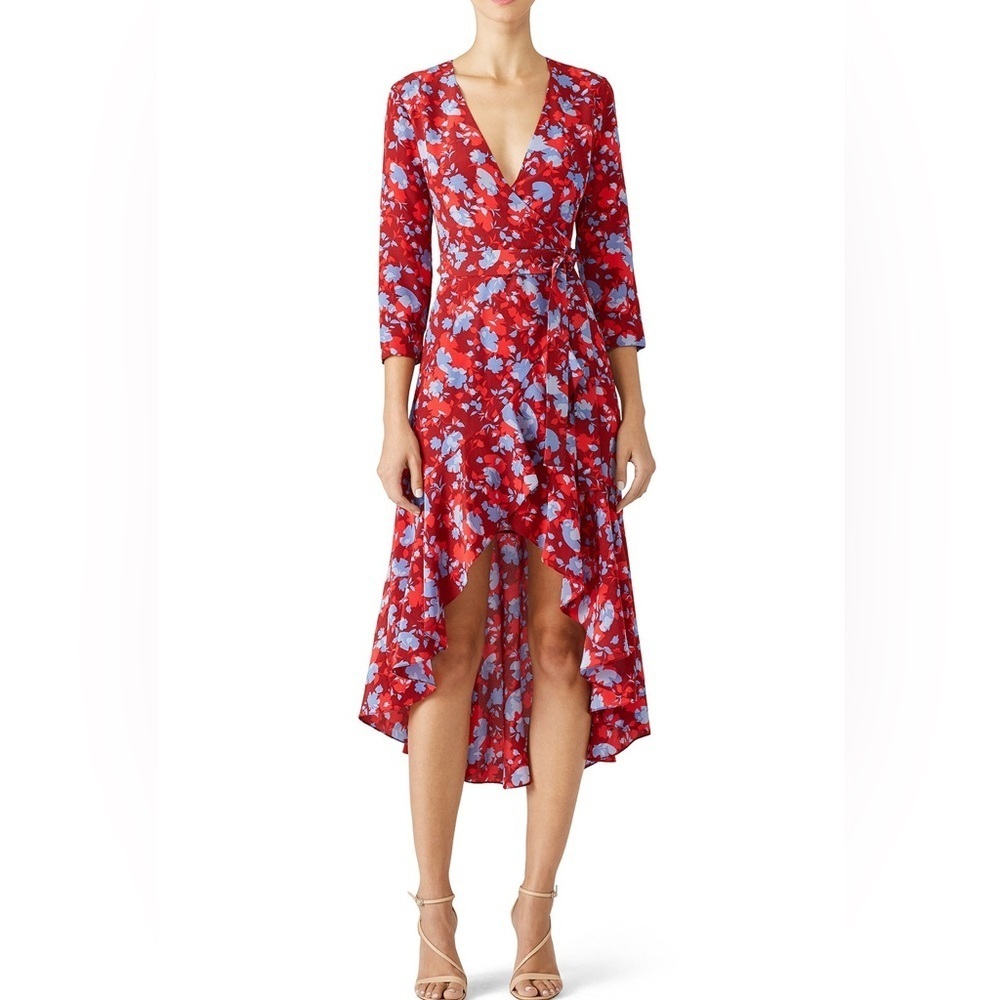 Alexis Lorna Wrap Dress Floral Red Blue Tie Waist 3/4 Sleeve High Low Size M